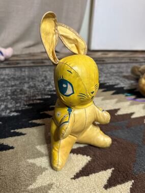 Vintage 1950s Yellow Vinyl Oilcloth Stuffed Bunny Rabbit Toy Mid Century Kitsch